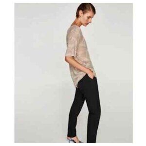 ZARA Tan Leaf Palm Tee Shirt  Tropical Sheer Raw Basic S/M Stretch Burnout